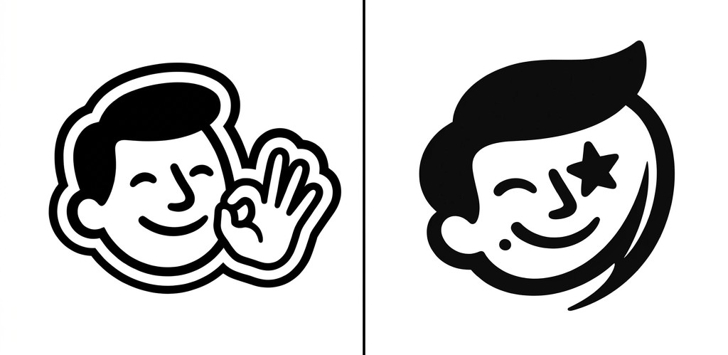 Side-by-side comparison of the previous Eldrex Bula logo featuring an OK hand gesture illustration and the new refined minimalist logo with star eye and flowing hair silhouette